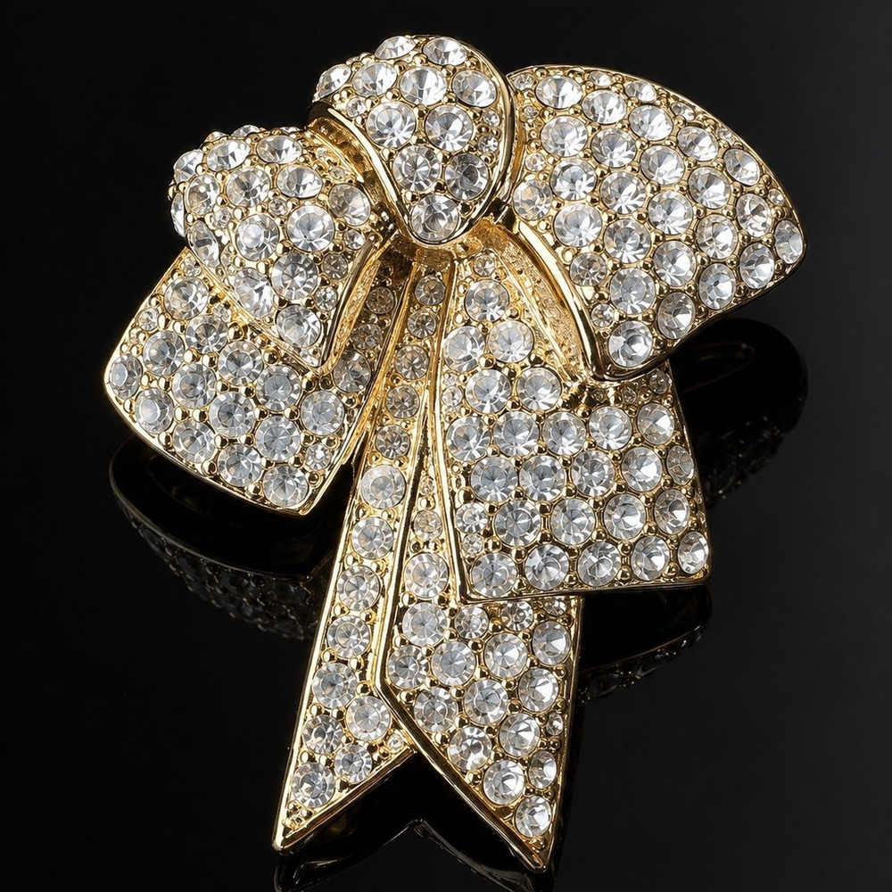 Vintage Nolan Miller Bow Brooch Gold Pave Rhinestone Ribbon Pin Large